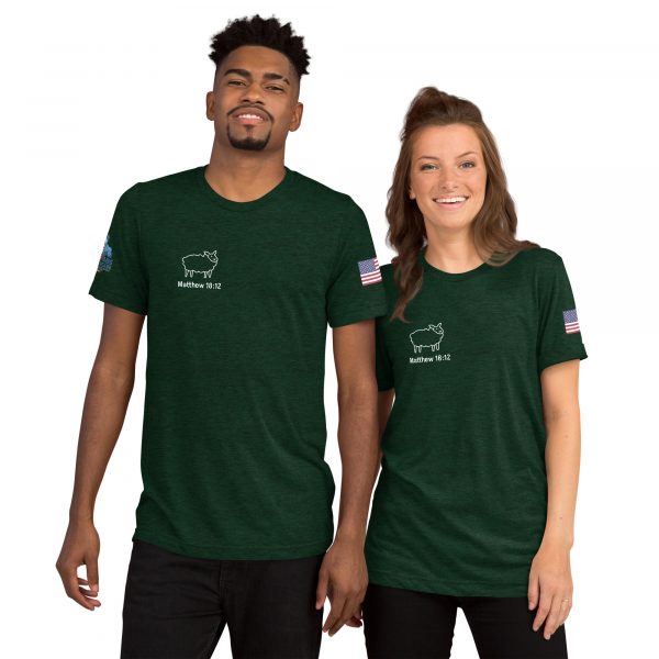 He left the 99 to find me.  Matthew 18:12 Short sleeve t-shirt - Image 3