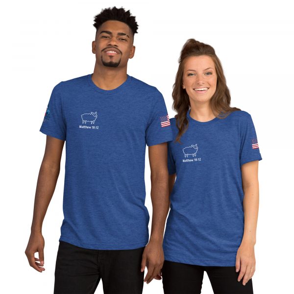 He left the 99 to find me.  Matthew 18:12 Short sleeve t-shirt - Image 4